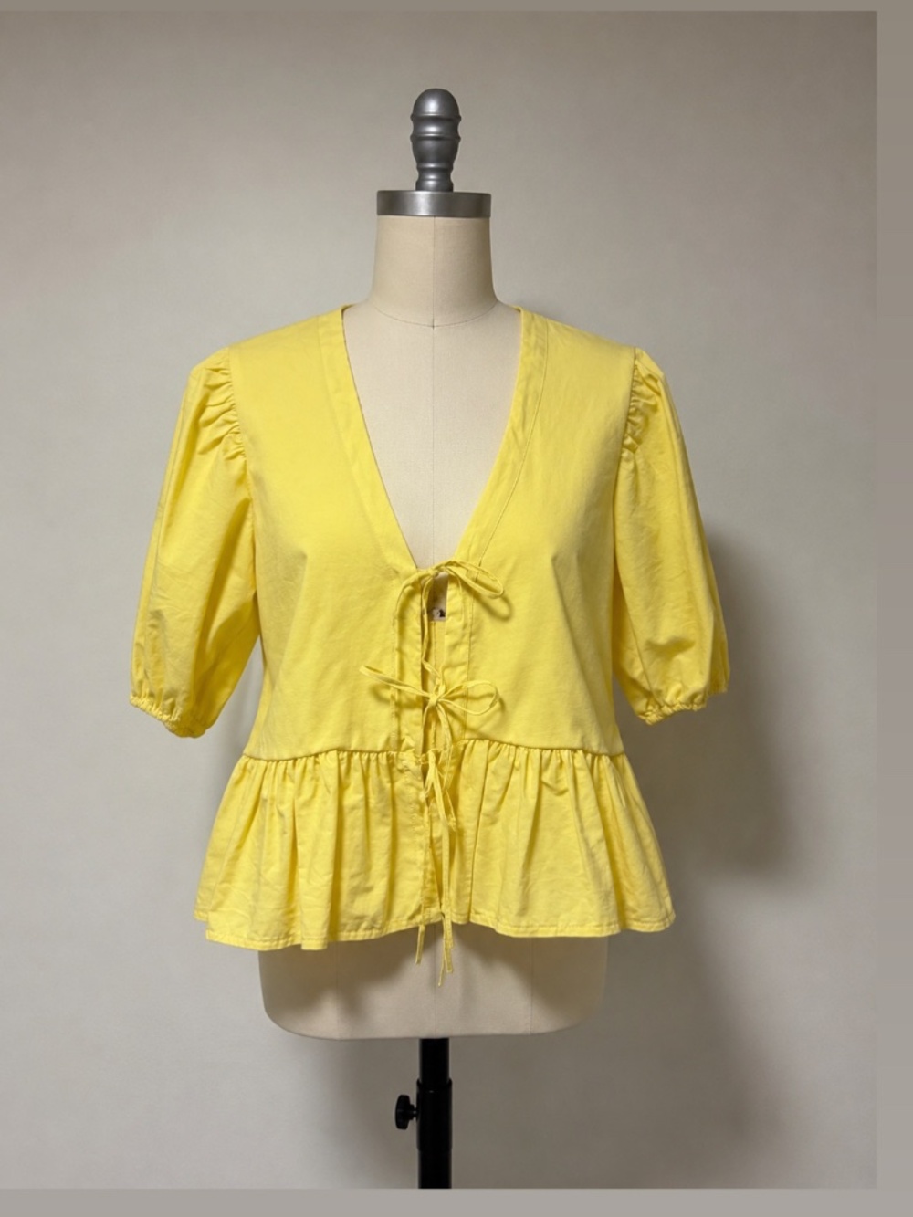 Zara Yellow Tie Front Peplum Blouse Puff Sleeve Size S NWT